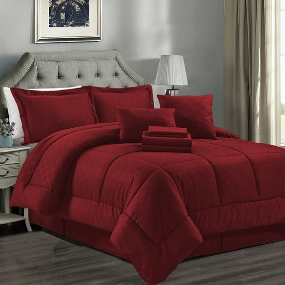 JML Burgundy California King Comforter Set - 10 Pieces Bedding Set Bed in a Bag with Comforters, Sheets, Bed Skirt, Decorative Pillows, Pillowcases & Shams