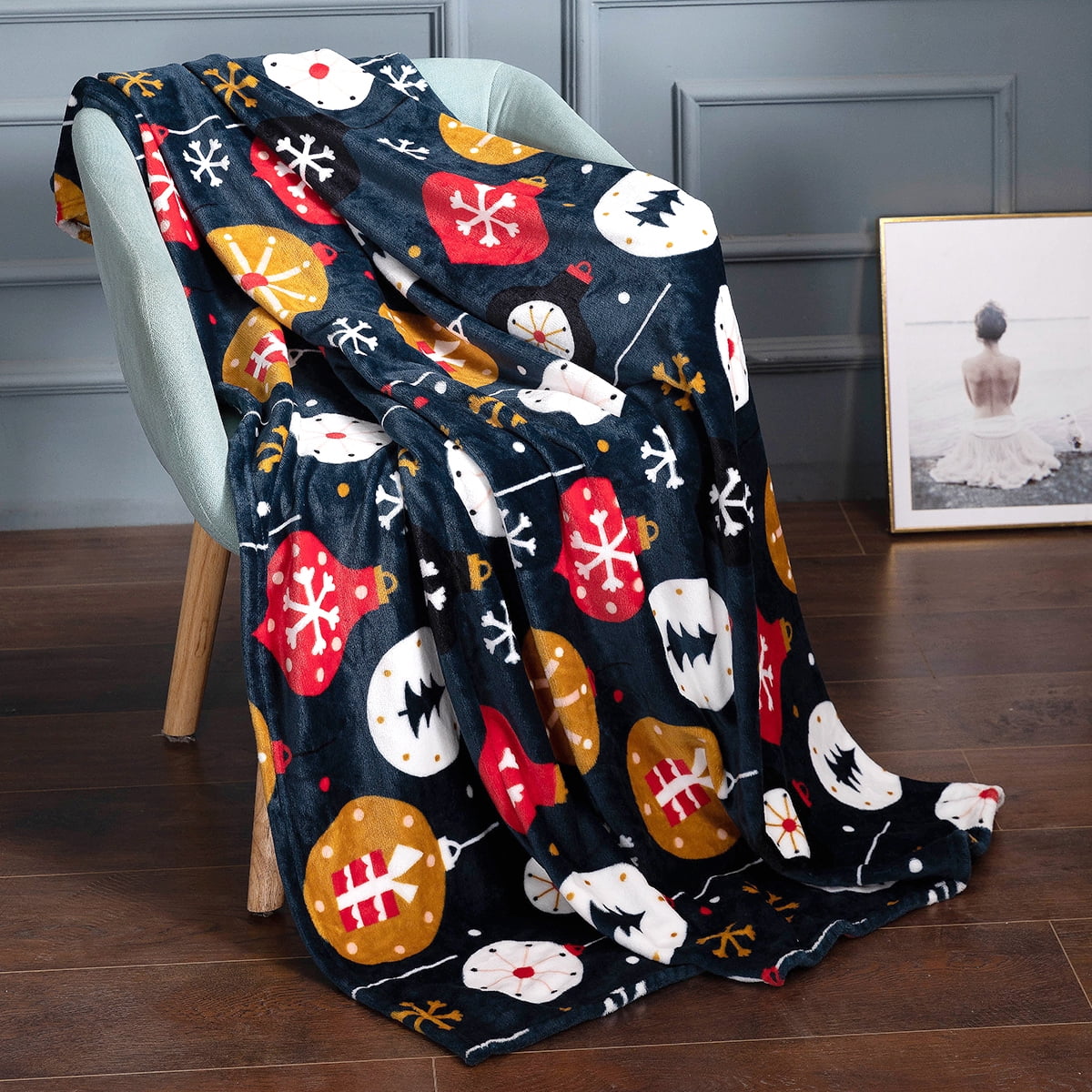 JML ChrIstmas Tree Soft Flannel Fleece Throw Blanket, Black-Red, Standard Throw