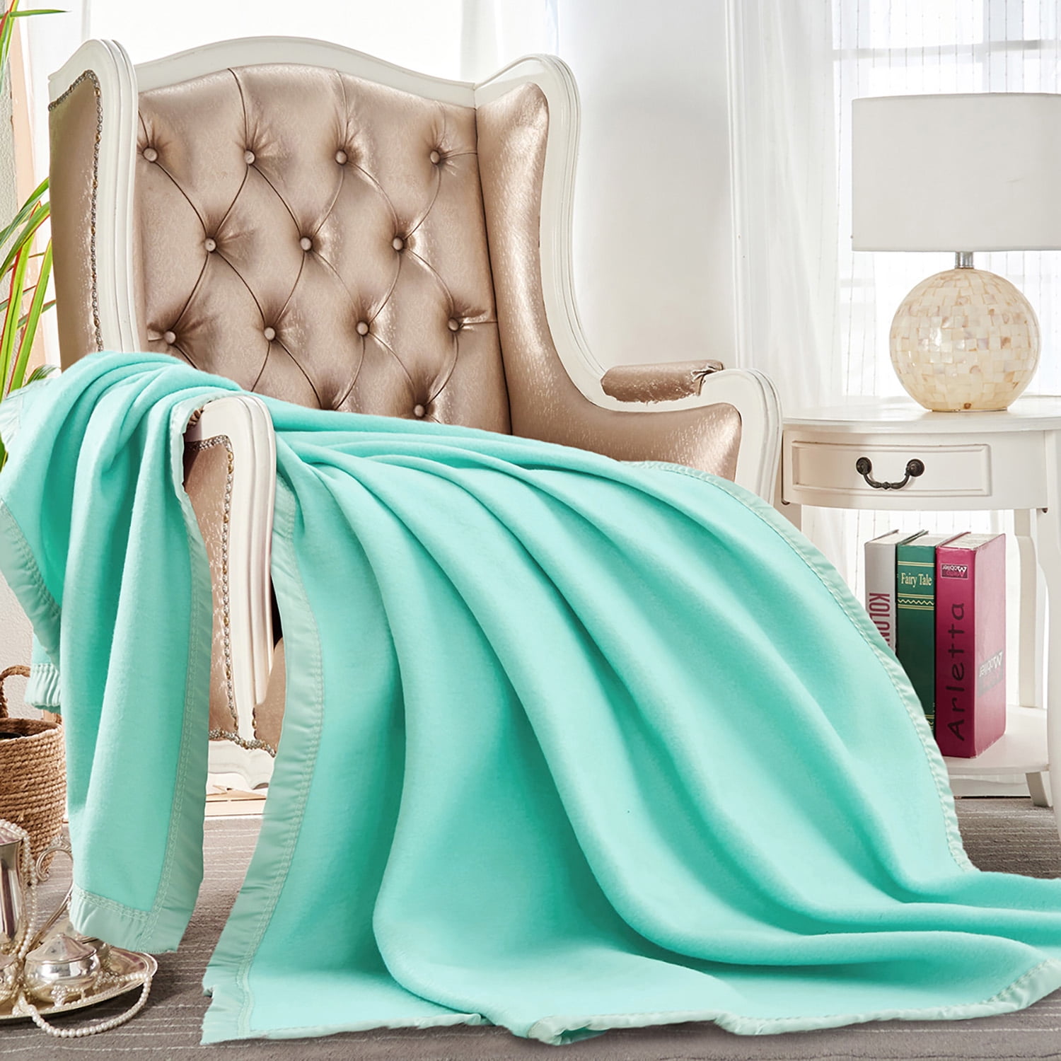 JML Contemporary Tiffany Blue Satin, Fleece Reversible Bed Blanket