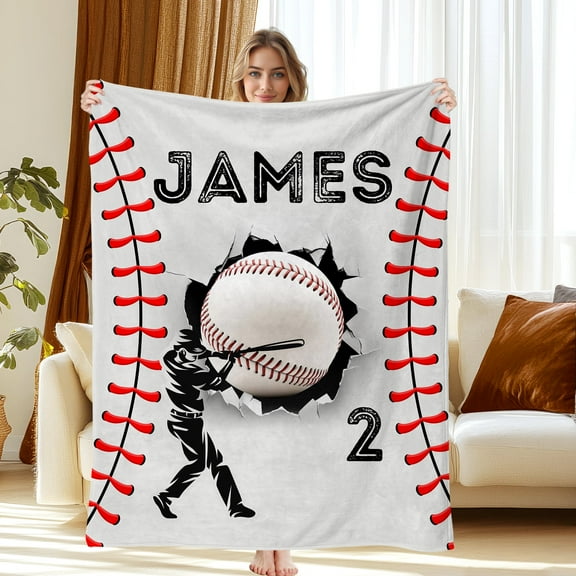 Personalized Baseball Blankets with Name Numbers, Custom Baseball Team Game Throw Flannel Blankets, Stuff Gifts, Sports Lover Fans, Adult