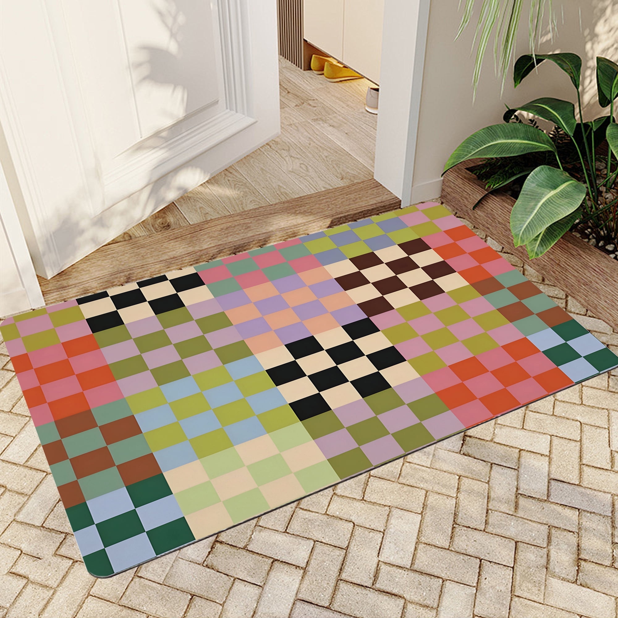 JML Doormat, Non-Slip Indoor Outdoor Rug Mats for Porch Entry Way, Floor Mat for Bathroom/Kitchen, (16"x24") - Colorful Checkered Pattern