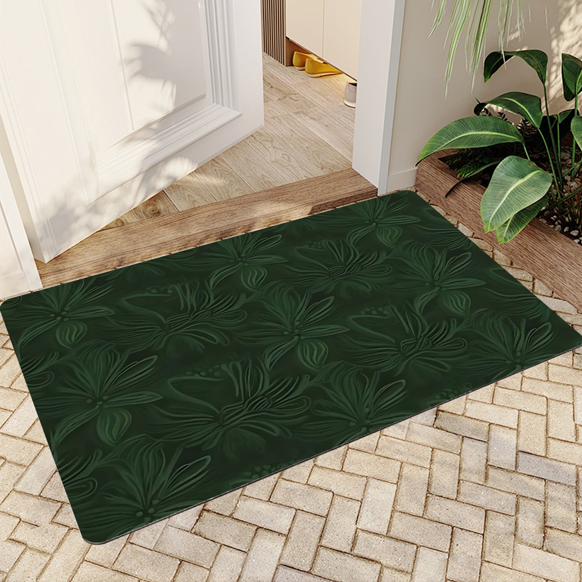 JML Doormat, Microfiber & Non-Slip Rubber Backing Door Mat - Rug Mats for Porch Entry Way Bathroom/Kitchen, (24"x36") - Dark Green Floral Pattern