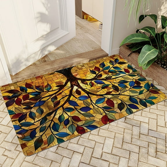 JML Doormat, Quick-Dry Microfiber & Non-Slip Rubber Backing Door Mat - Super Absorbent, Floor Mat for Bathroom/Kitchen, (16"x24") - Stained Glass Tree