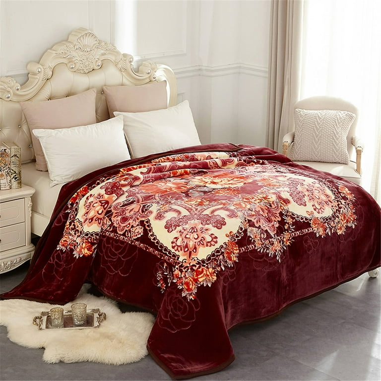 HAOK Fleece Bed Blanket Queen Size 85 x 93, 3-Ply Heavy Thick Winter  Blanket 8lb, Floral Printed Pink & Red & Brown 