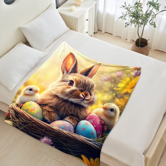 JML Fleece Throw Blanket for Easter - Soft Rabbit & Eggs Printed Throw Blanket, Fuzzy Blankets & Throws 40x50 Inches