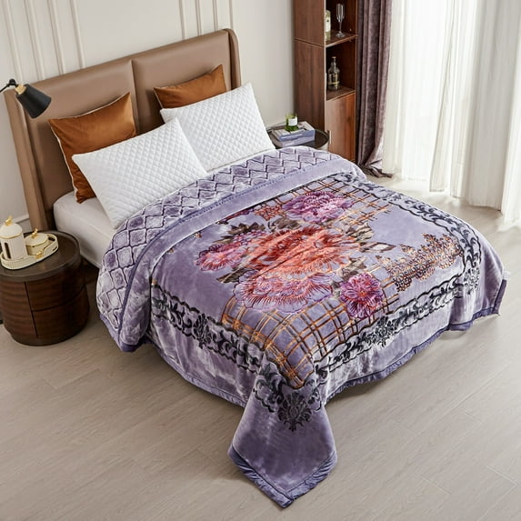 JML Floral & Animal 2-Ply Heavy Raschel Blanket 85" X 95" Greyish Purple Flower Floral