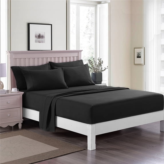 JML Full Bed Sheet Set 6 Piece, Brushed Microfiber Sheet Set With 14" Deep Pockets,Black