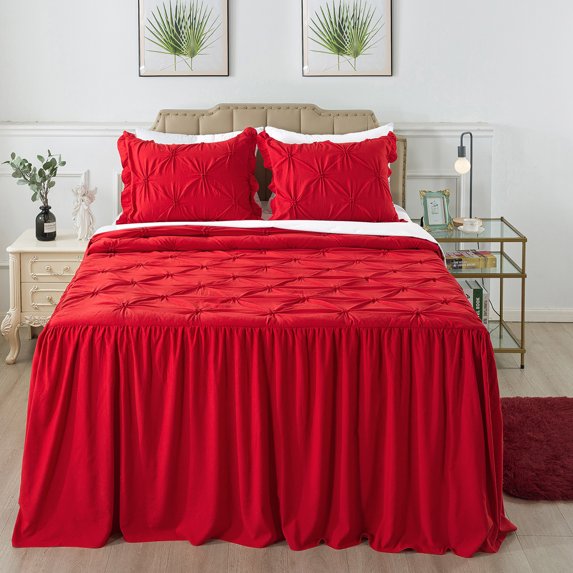JML Full Ruffle Skirt Bedspread Set 4 Piece, Pintuck Coverlet with Shams and Area Rugs