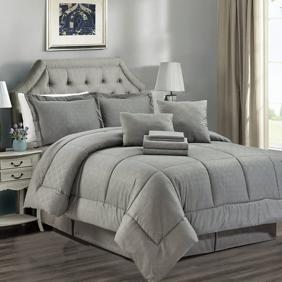 JML Gray King Comforter Set - 10 Pieces Bedding Set Bed in a Bag with Comforters, Sheets, Bed Skirt, Decorative Pillows, Pillowcases & Shams