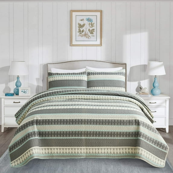 JML Grey Green Stripe Polyester Quilt, King - Breathable