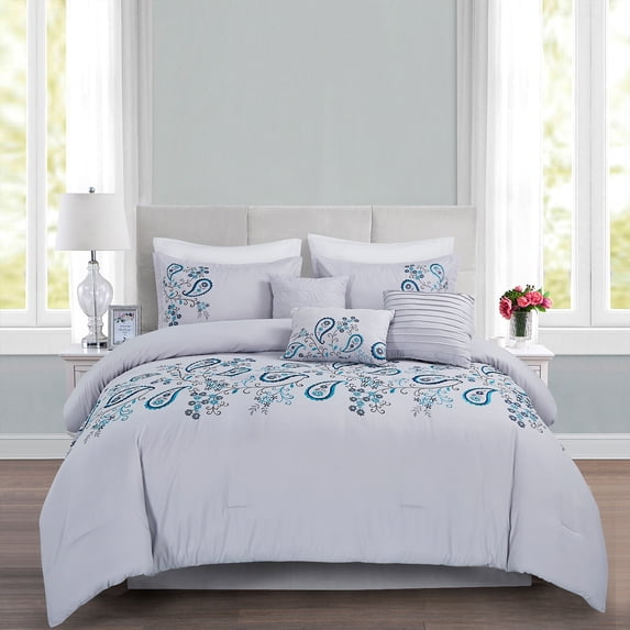JML King Comforter Set 7 piece, Blue & Grey, Embroidered Floral Design Comforter