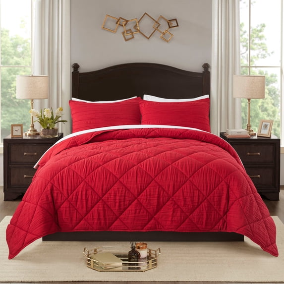 JML King Size Comforter Set 3-Piece - 480GSM Creased Texture Square Design, Burgundy