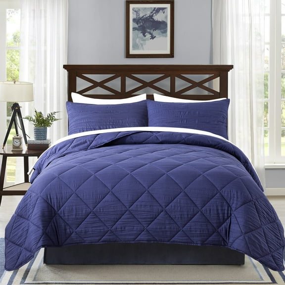JML King Size Comforter Set 3-Piece - 480GSM Creased Texture Square Design, Navy