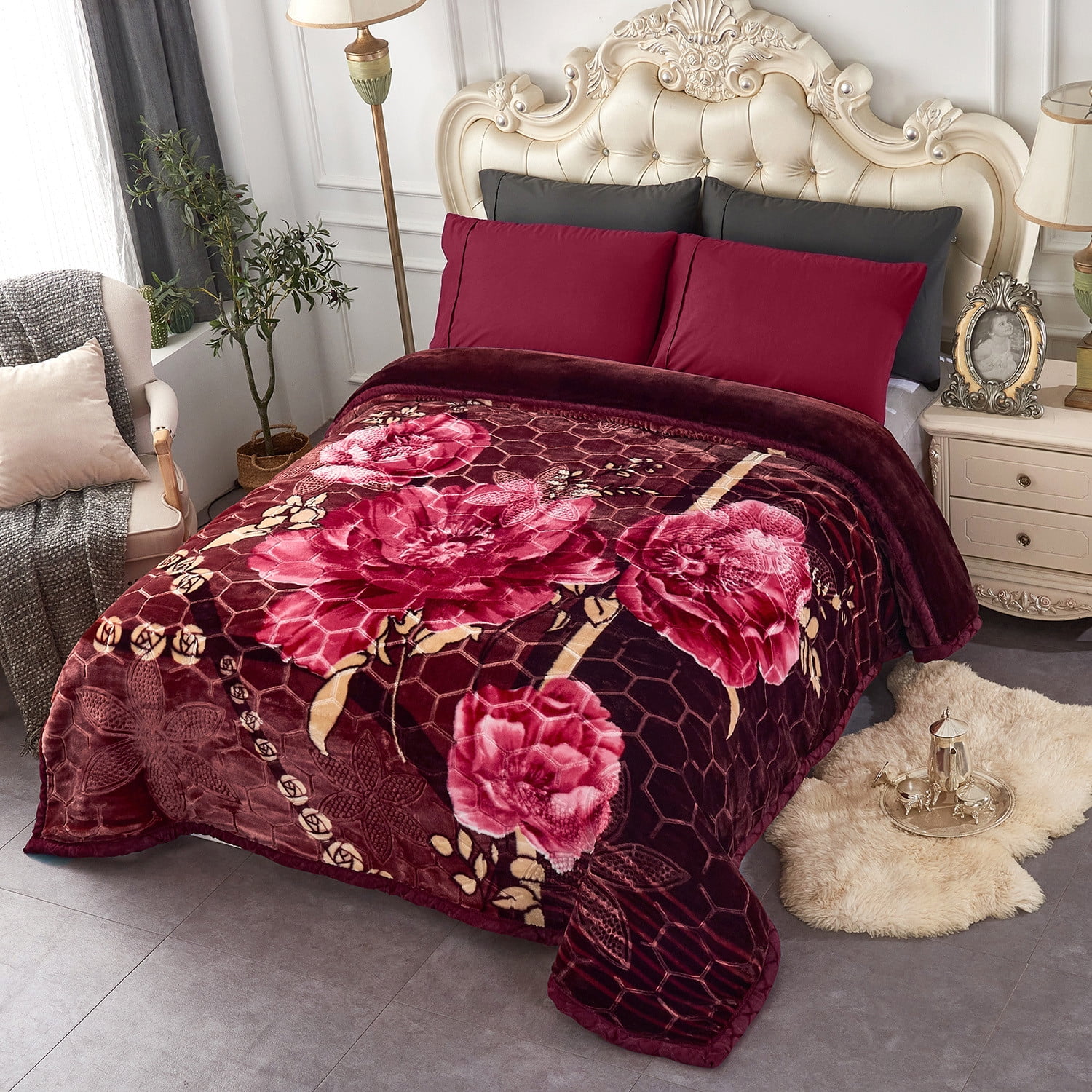 JML King Size Mink Fleece Blanket for Bed,Burgundy Floral 2 Ply Heavy