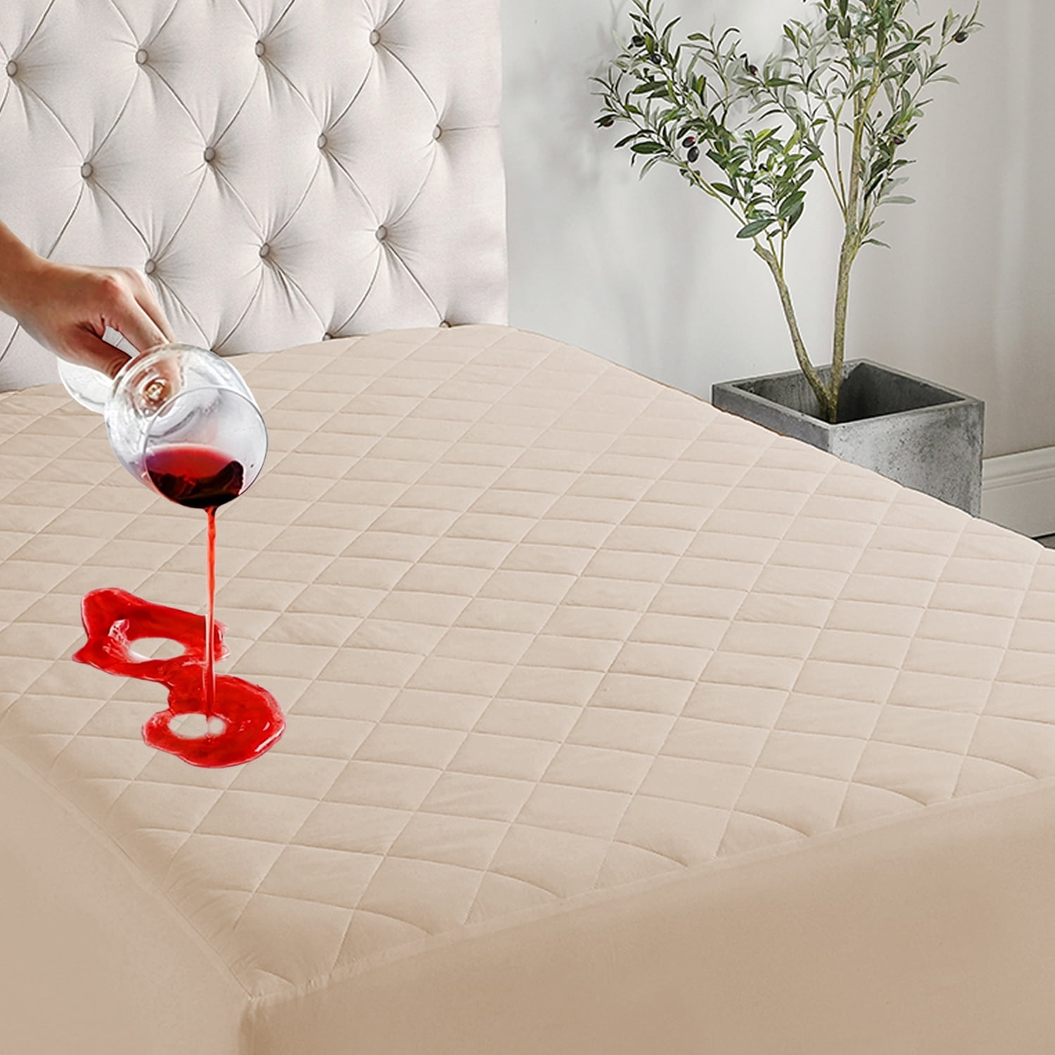 JML King Size Quilted Fitted Mattress Pad Cover, 100% Waterproof Mattress Protector, Deep Pocket Fitted 16", Beige