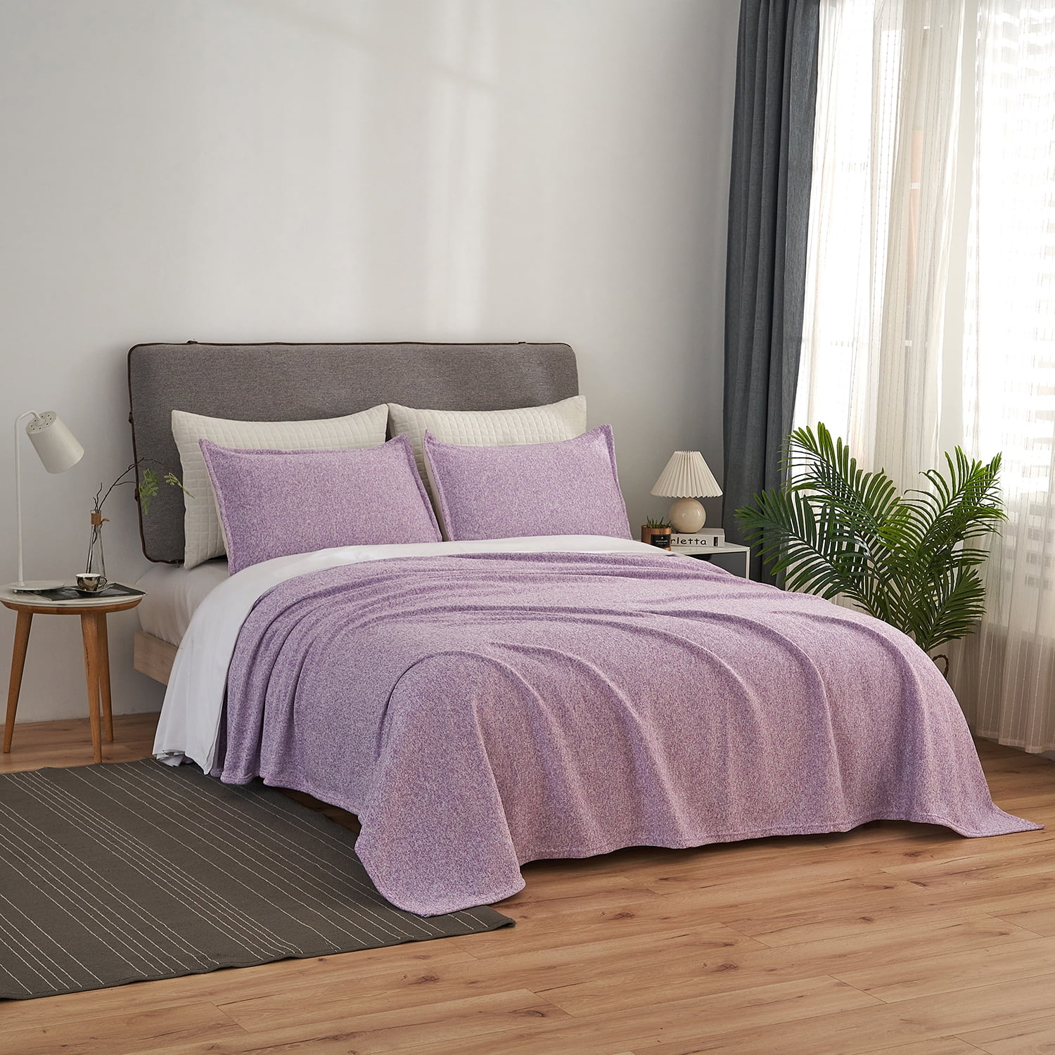 JML Knit Blanket Queen 3 Piece (90"x90") with 2 Shams - Soft Jersey Blanket, Purple/White