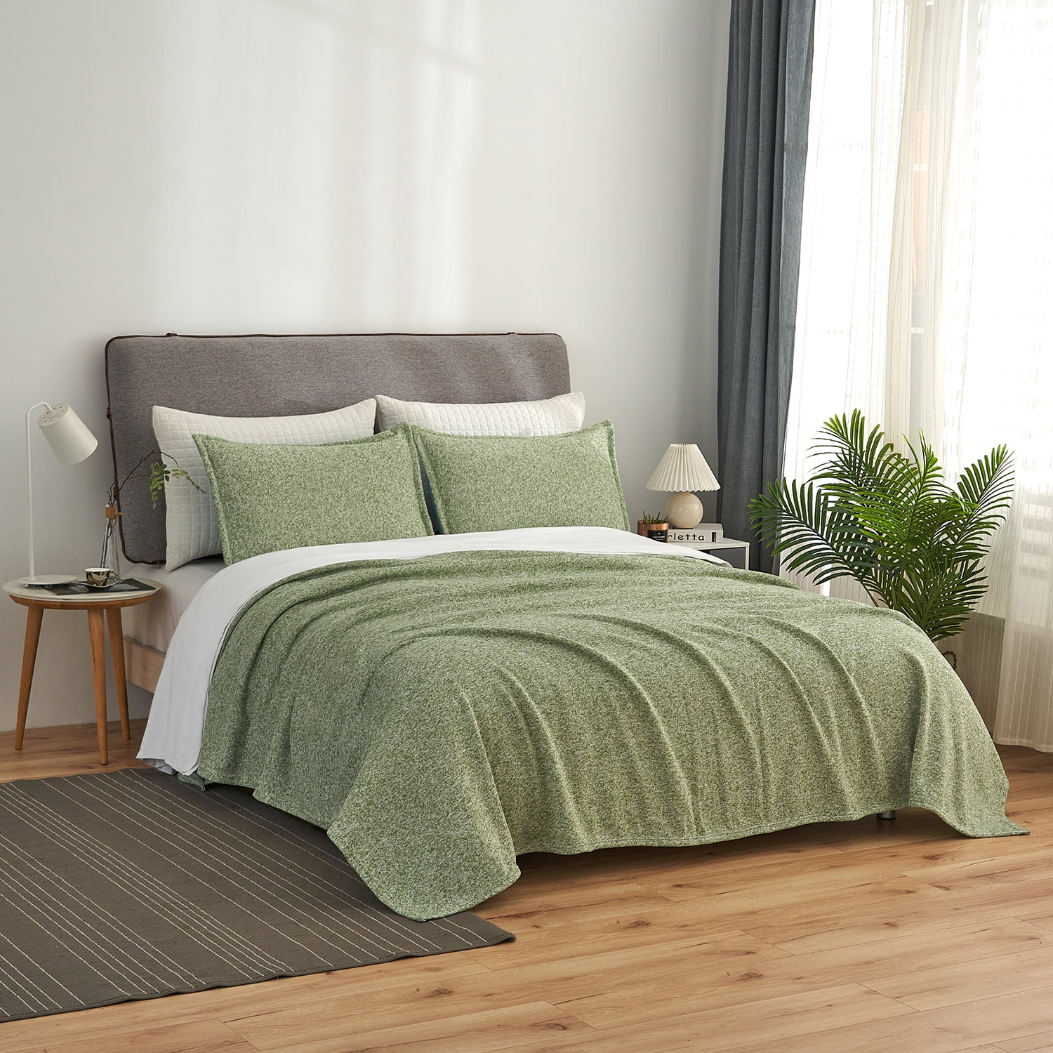 JML Knit Blanket Twin 2 Piece (60"x80") with 1 Sham -Soft Jersey Blanket, Green/White