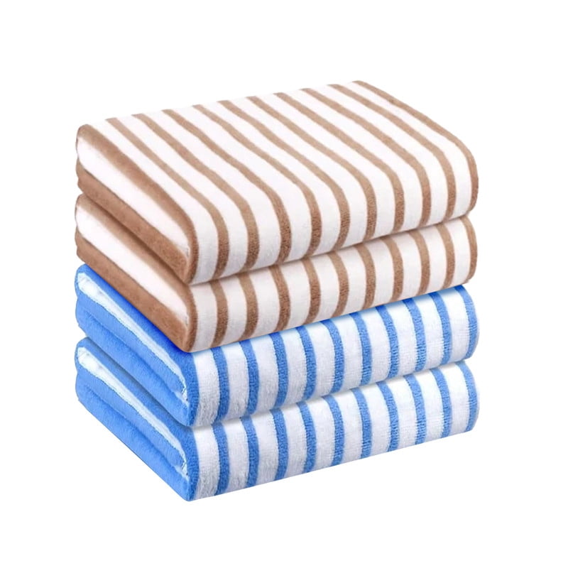 JML Large Stripe Bath Towel Set 4 Pack, 30"x60", Stripe Blue & Coffee, 400GSM, Soft, Absorbent, Microfiber Towel Quick Drying, Lint-free, No Fading