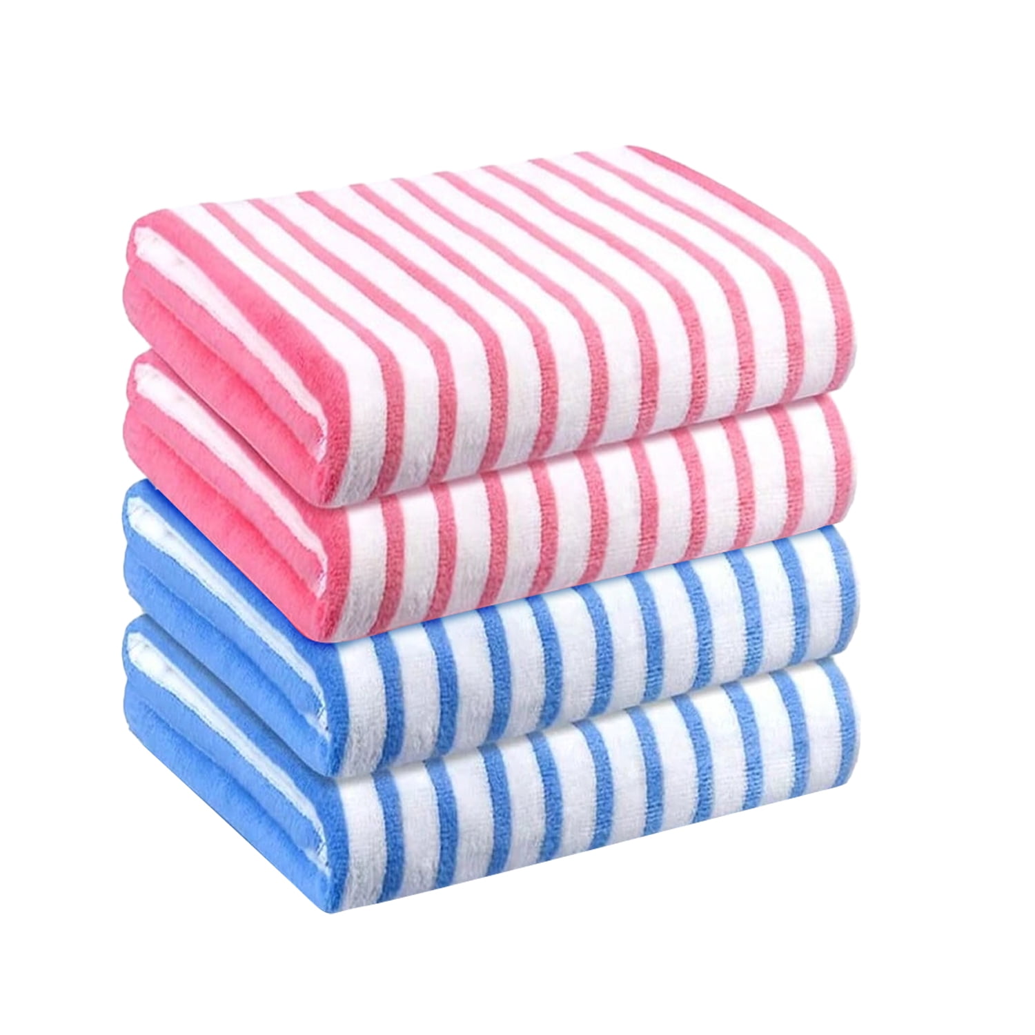 JML Large Stripe Bath Towel Set 4 Pack, 30"x60", Stripe Pink & Blue, 400GSM, Soft, Absorbent, Microfiber Towel Quick Drying, Lint-free, No Fading