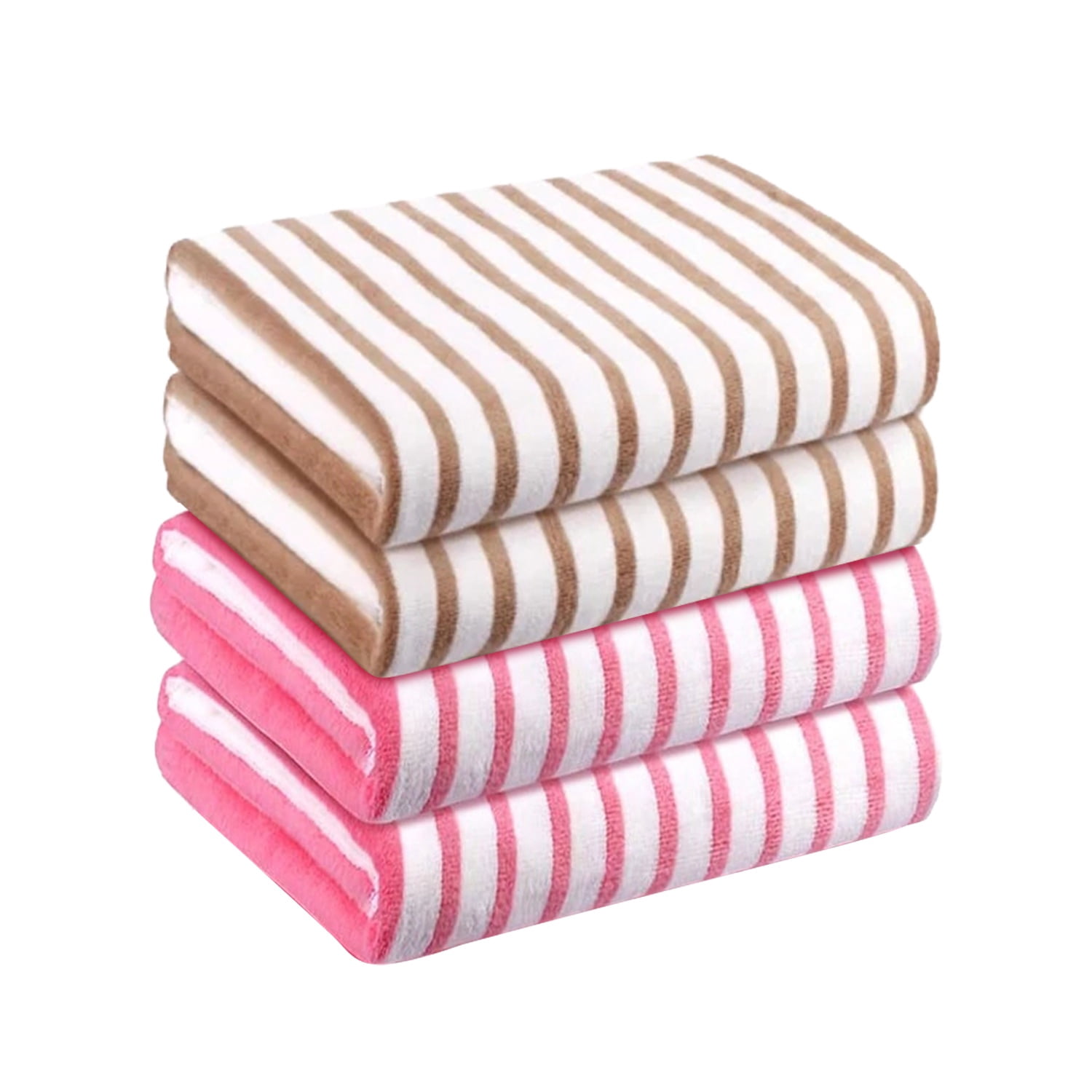JML Large Stripe Bath Towel Set 4 Pack, 30"x60", Stripe Pink & Coffee, 400GSM, Soft, Absorbent, Microfiber Towel Quick Drying, Lint-free, No Fading