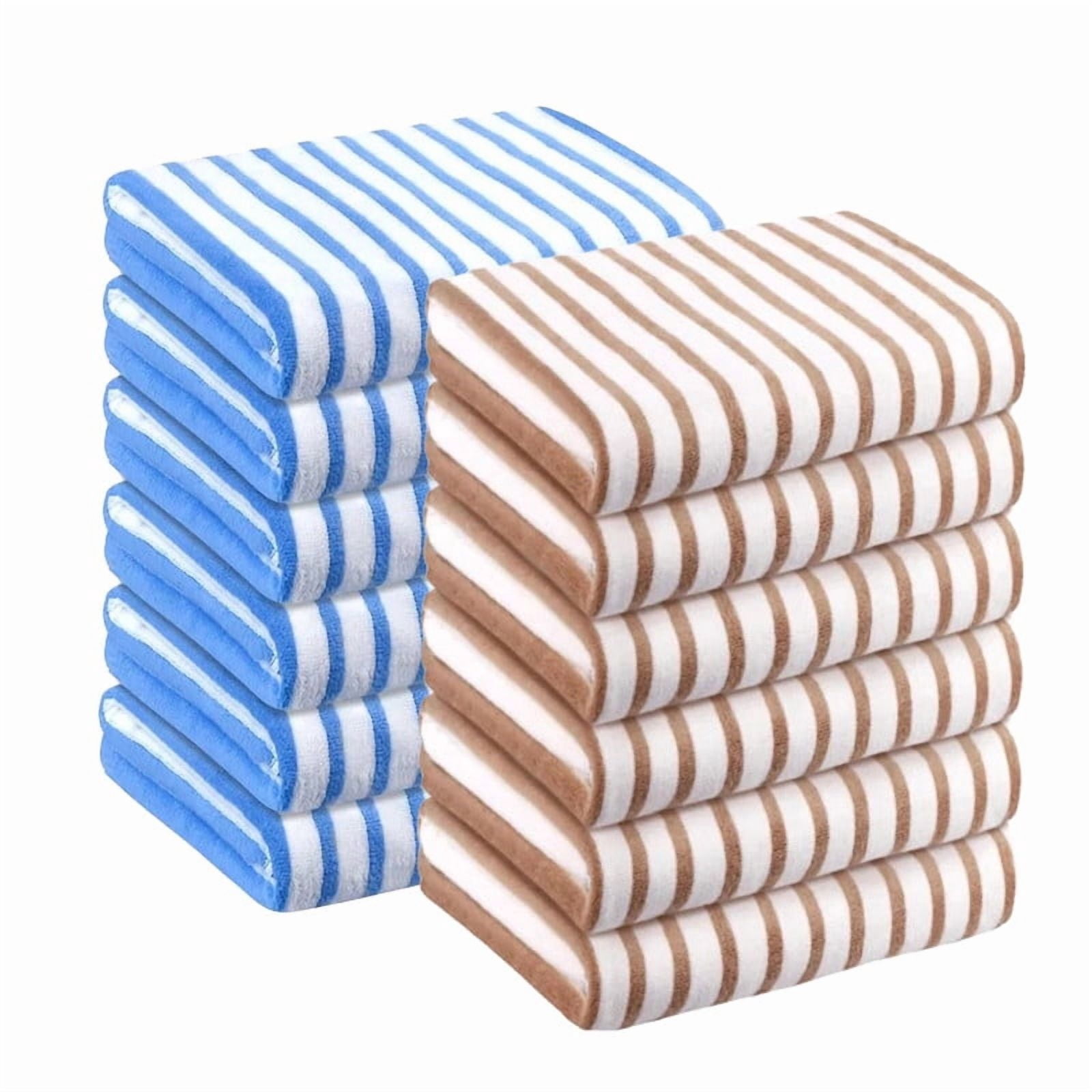 JML Large Stripe Beach Towel Set 12 Pack, 27"x55", Stripe Blue & Coffee, 400GSM, Soft, Absorbent, Microfiber Towel Quick Drying, Lint-free, No Fading