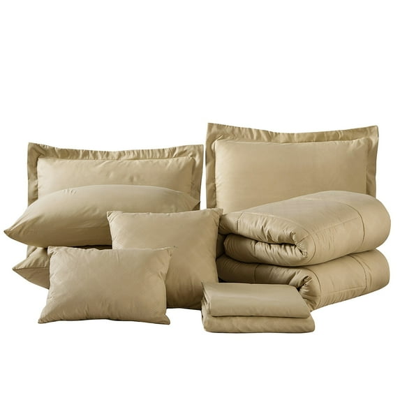 JML Luxurious 10 Piece Comforter Set Plaid Design Bed In A bag Taupe Queen 10 Pieces or More
