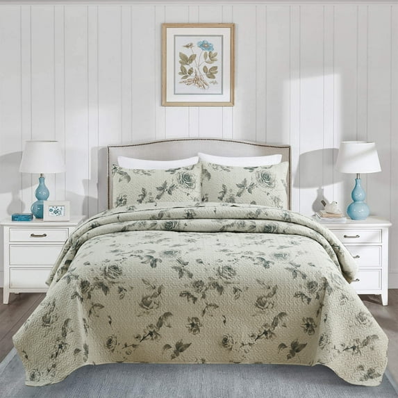 JML Luxury Grey and White Floral Microfiber Quilt with Shams, King