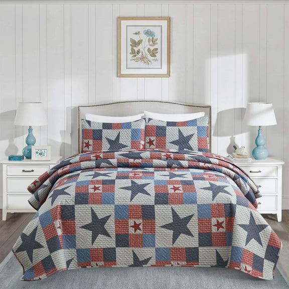 JML Navy & Red Star Polyester Quilt, Queen - Breathable
