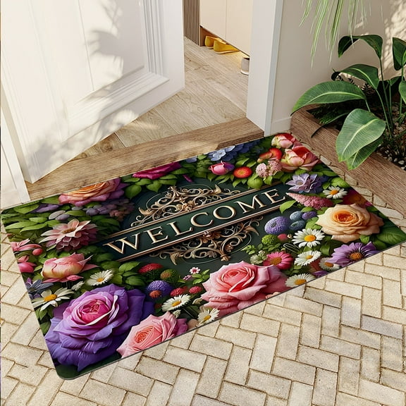 JML Non-Slip MicrofiberFabric & Rubber Doormat - Soft Entryway Rug for Home/Office (16"x24") - Easy Clean Door Mat for Indoor/Outdoor Use, Floral Welcome Design