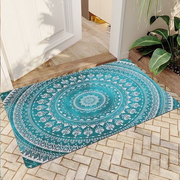 JML Non-Slip MicrofiberFabric & Rubber Doormat - Soft Entryway Rug for Home/Office (16"x24") - Easy Clean Door Mat for Indoor/Outdoor Use, Teal Mandala Design