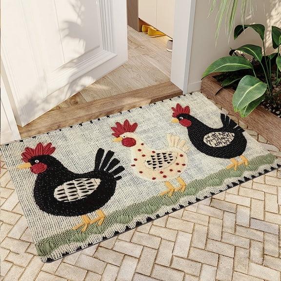 JML Non-Slip Microfiber & Rubber Doormat - Soft Entryway Rug for Home/Office (16"x24") - Easy Clean Door Mat for Indoor/Outdoor Use, Three Chickens