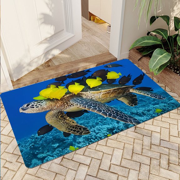 JML Non-Slip MicrofiberFabric & Rubber Doormat - Soft Entryway Rug for Home/Office (16"x24") - Easy Clean Door Mat for Indoor/Outdoor Use, Turtle and Fish