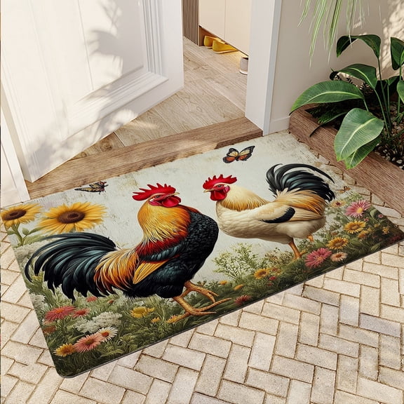 JML Non-Slip Microfiber & Rubber Doormat - Soft Entryway Rug for Home/Office (16"x24") - Easy Clean Door Mat for Indoor/Outdoor Use, Two Roosters