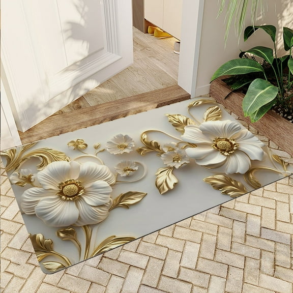 JML Non-Slip MicrofiberFabric & Rubber Doormat - Soft Entryway Rug for Home/Office (16"x24") - Easy Clean Door Mat for Indoor/Outdoor Use, White and Gold Floral