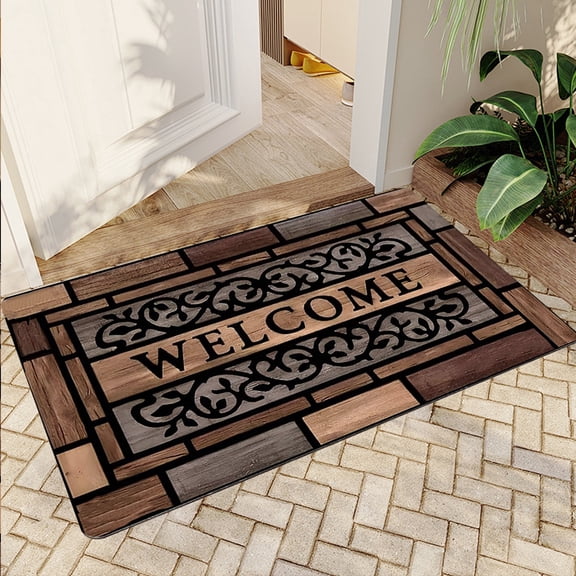 JML Non-Slip Microfiber & Rubber Doormat - Soft Entryway Rug for Home/Office (16"x24") - Easy Clean Door Mat for Indoor/Outdoor Use, Wooden Welcome Design