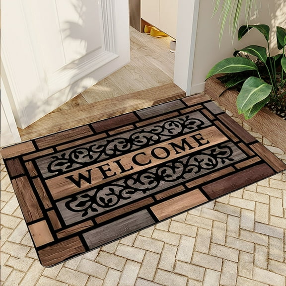JML Non-Slip MicrofiberFabric & Rubber Doormat - Soft Entryway Rug for Home/Office (16"x24") - Easy Clean Door Mat for Indoor/Outdoor Use, Wooden Welcome Design