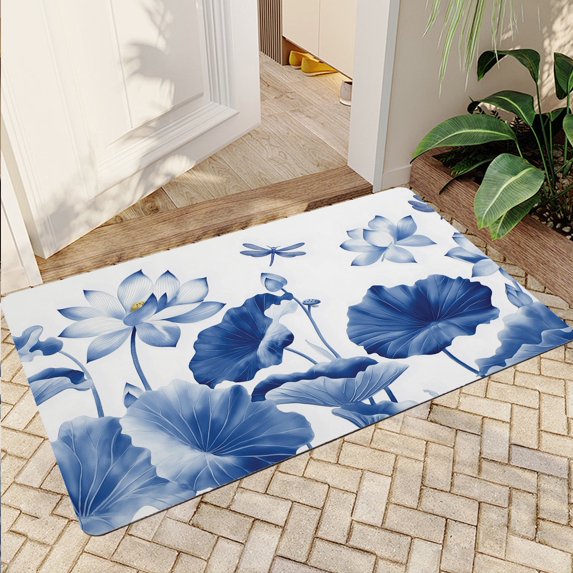 JML Non-Slip MicrofiberFabric & Rubber Doormat - Soft Entryway Rug for Home/Office (20"x32") - Easy Clean Door Mat for Indoor/Outdoor Use, Blue And White Blossoms