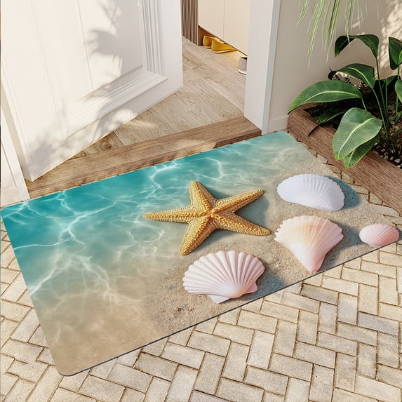 JML Non-Slip Microfiber & Rubber Doormat - Soft Entryway Rug for Home/Office (20"x32") - Easy Clean Door Mat for Indoor/Outdoor Use, Starfish and Seashells