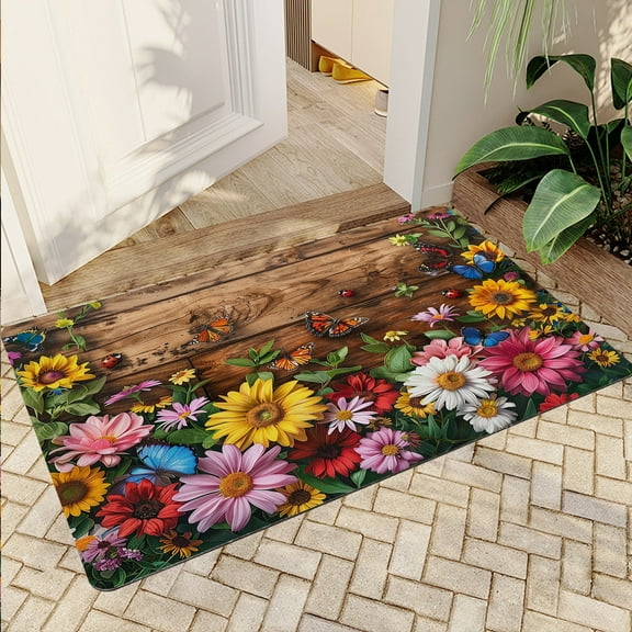 JML Non-Slip MicrofiberFabric & Rubber Doormat - Soft Entryway Rug for Home/Office (20"x32") - Easy Clean Door Mat for Indoor/Outdoor Use, Wooden & Flower Bush