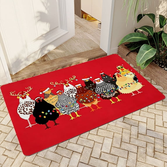 JML Outdoor Mat Non Slip Doormat 20"x32" Front Door Mat Outside Absorbent Rubber Mat Entryway Rug Floor Mat,Red Farm Chicken & Christmas