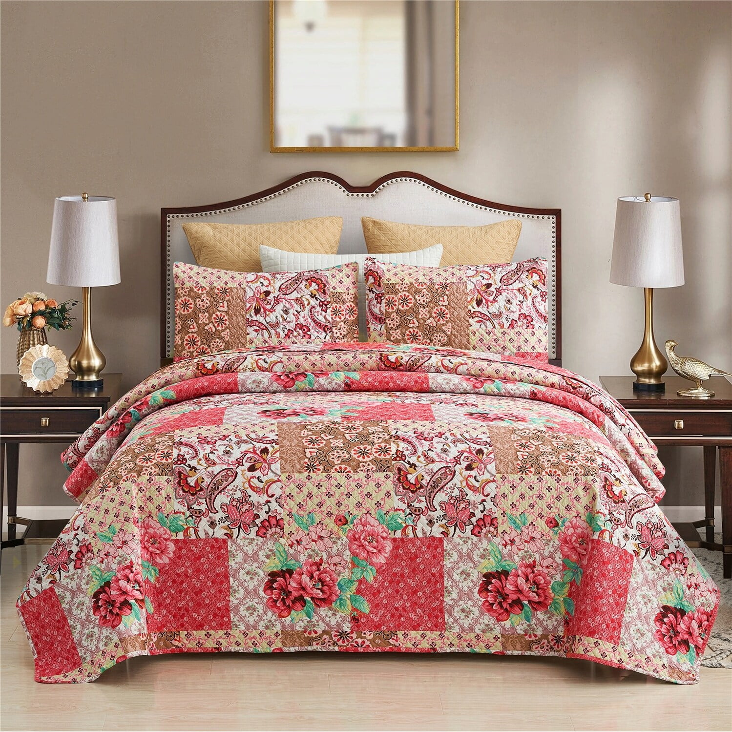 JML Plaid Striped Patchwork Quilt Bedding Set Reversible Coverlet,Bedspread Flower Patchwork Queen
