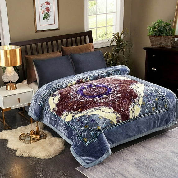 JML Plush Raschel Korean Printed Fleece Blanket Navy King Floral