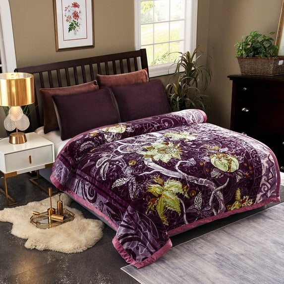 JML Plush Raschel Korean Printed Fleece Blanket Purple King Floral