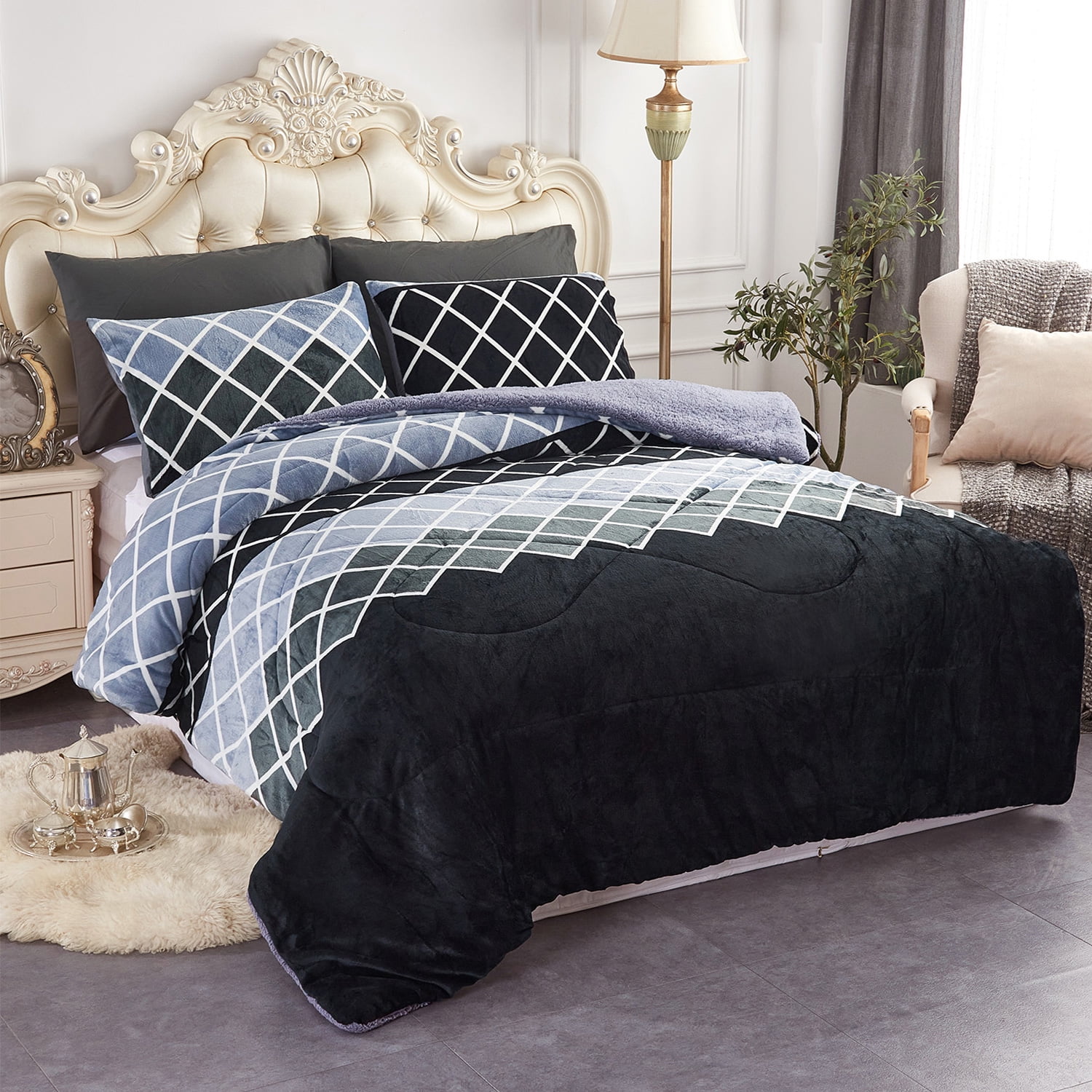 JML Plush Sherpa Bed Blanket, Fluffy & Soft, Reversible, Thick, King 79"x91",Black & Grey