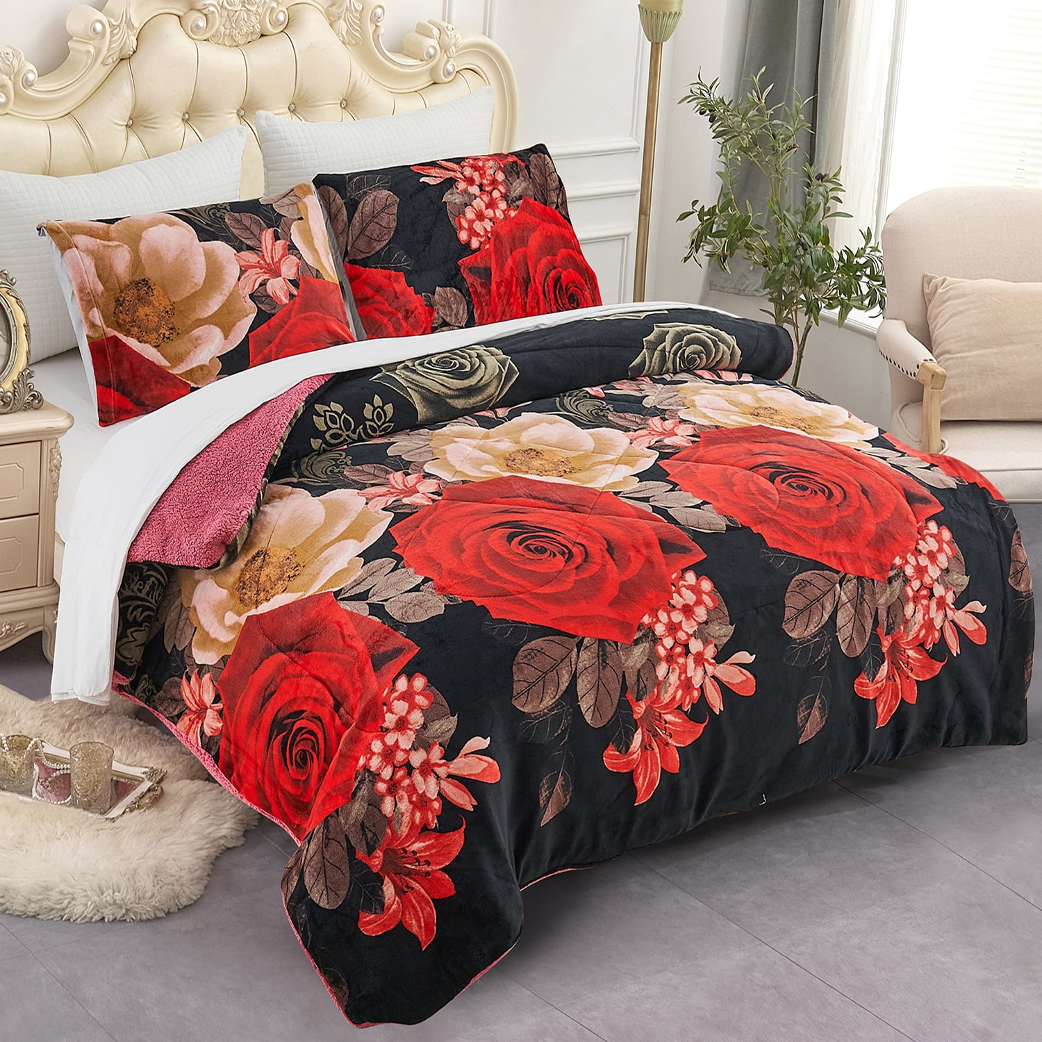 JML Plush Sherpa Bed Blanket, Fluffy & Soft, Reversible, Thick, King 79"x91",Black Rose