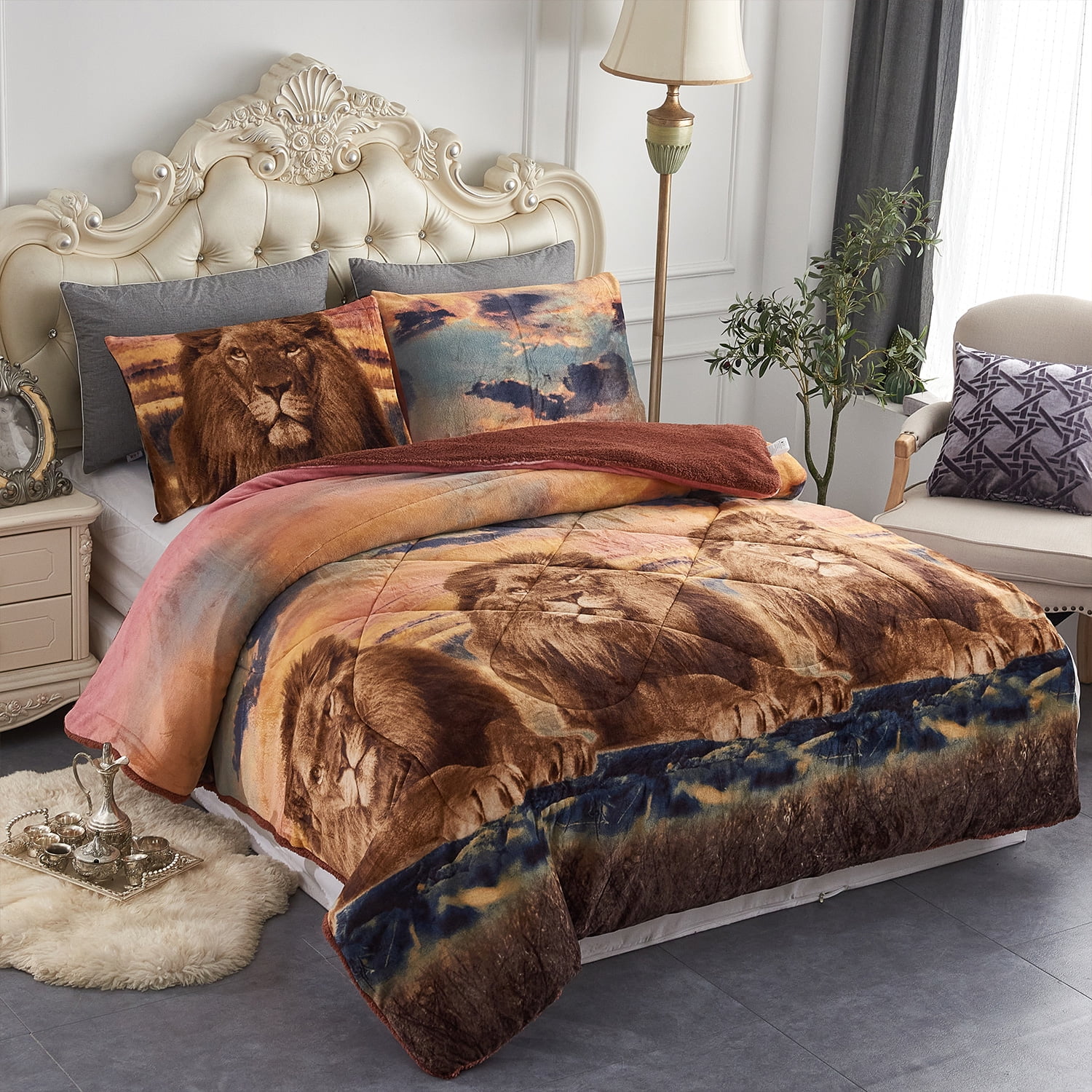 JML Plush Sherpa Bed Blanket, Fluffy & Soft, Reversible, Thick, King  79x91,Lion 