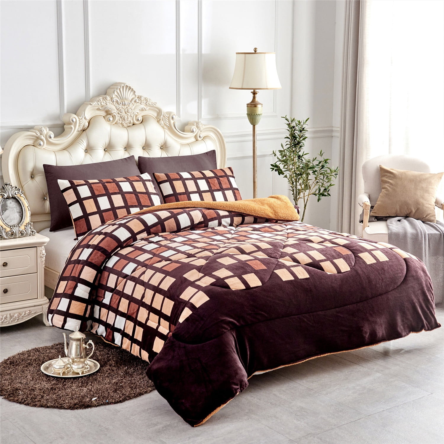 JML Plush Sherpa Bed Blanket, Fluffy & Soft, Reversible, Thick, Queen 75"x83",Coffee Plaid