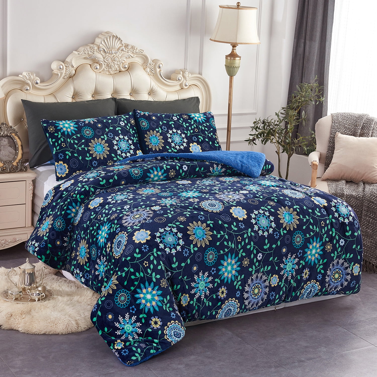 JML Plush Sherpa Bed Blanket, Fluffy & Soft, Reversible, Thick, Queen 75"x83",Navy Floral