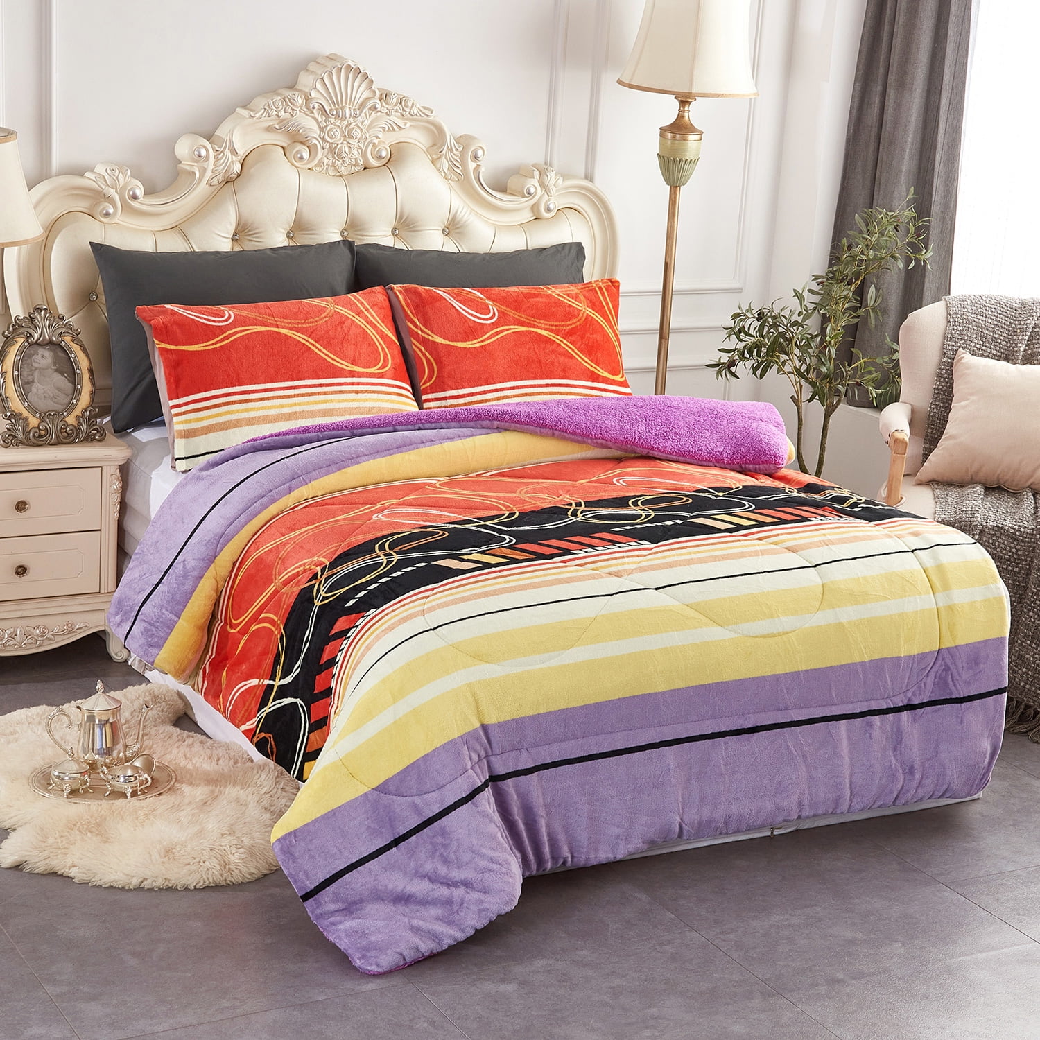 JML Plush Sherpa Bed Blanket, Fluffy & Soft, Reversible, Thick, Queen 75"x83",Orange Yellow purple