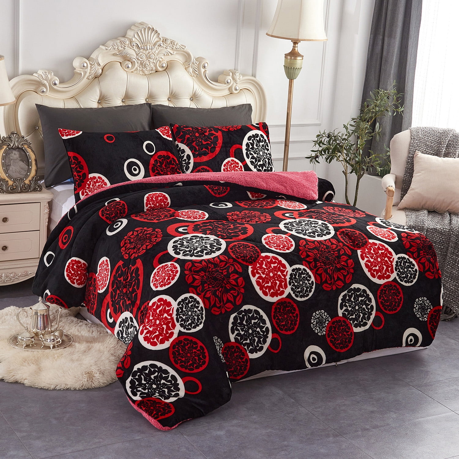 JML Plush Sherpa Bed Blanket, Fluffy & Soft, Reversible, Thick, Queen 75"x83",Red White Circle